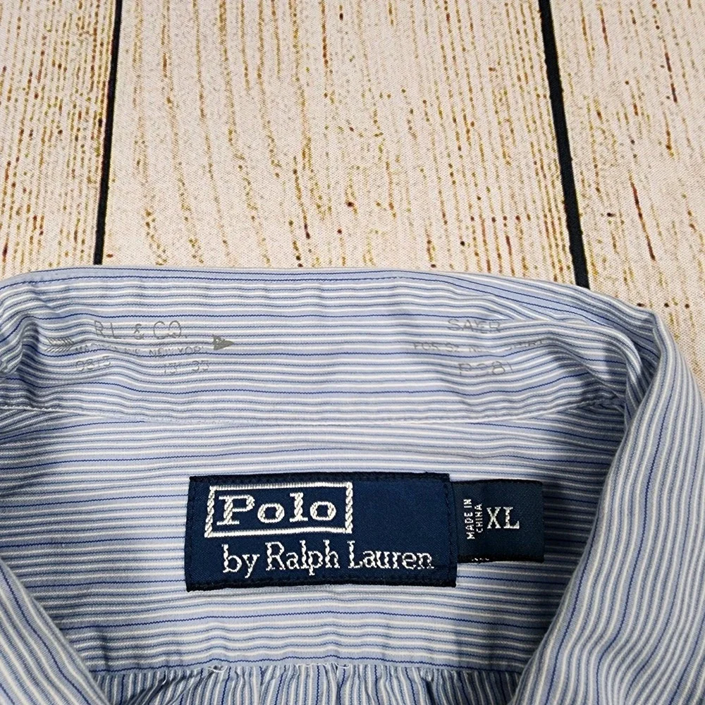Vintage Polo Ralph Lauren Button Shirt Mens XL‎ Monogrammed Pocket Striped Blue